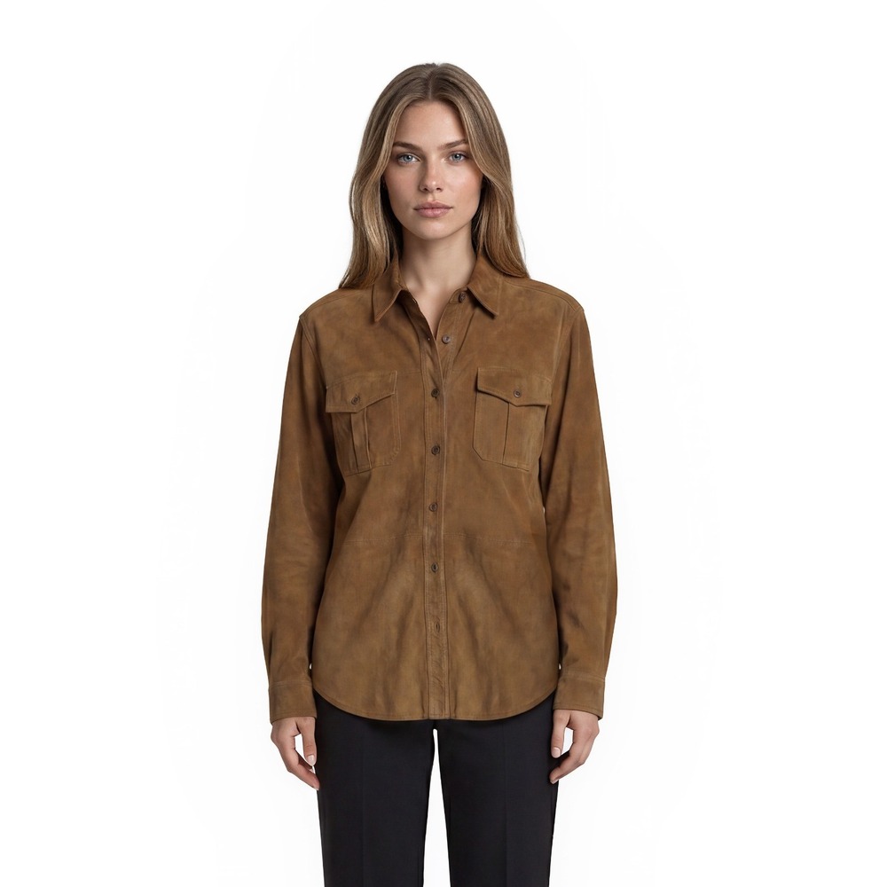 Jones‎ New York Sport Shacket Shirt Women's Size Medium Tan 100% Leather Vintage